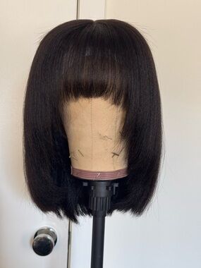 Her Given Hair Kinky Straight Straight Bob Wig with Blunt Bangs